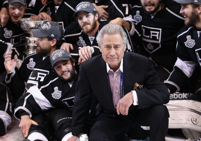 LOS ANGELES, CA - JUNE 11:  Owner of the Los Angeles Kings, Philip F. Anschutz poses with the team and the Stanley Cup after defeating the New Jersey Devils in Game Six of the 2012 Stanley Cup Finals at Staples Center on June 11, 2012 in Los Angeles, California. The Kings defeated the Devils 6-1 to win the series 4 games to 2.  (Photo by Christian Petersen/Getty Images)