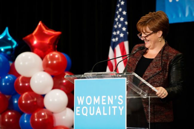 NEW YORK, NY - OCTOBER 23: Former Speaker of the New York City Council Christine Quinn announces the agenda during a "Women for Cuomo" campaign event on October 23, 2014 at the Grand Hyatt Hotel in New York, NY. Incumbent New York Governor Andrew Cuomo was joined by Former U.S. Secretary of State and U.S. Sen. Hillary Rodham Clinton who, citing his record on women's rights, endorsed him in the upcoming gubernatorial election on November 4, 2014. U.S. Rep. Kathy Hochul, the Democratic nominee for New York Lt. Gov., also spoke at the event. (Photo by Bryan Thomas/Getty Images)