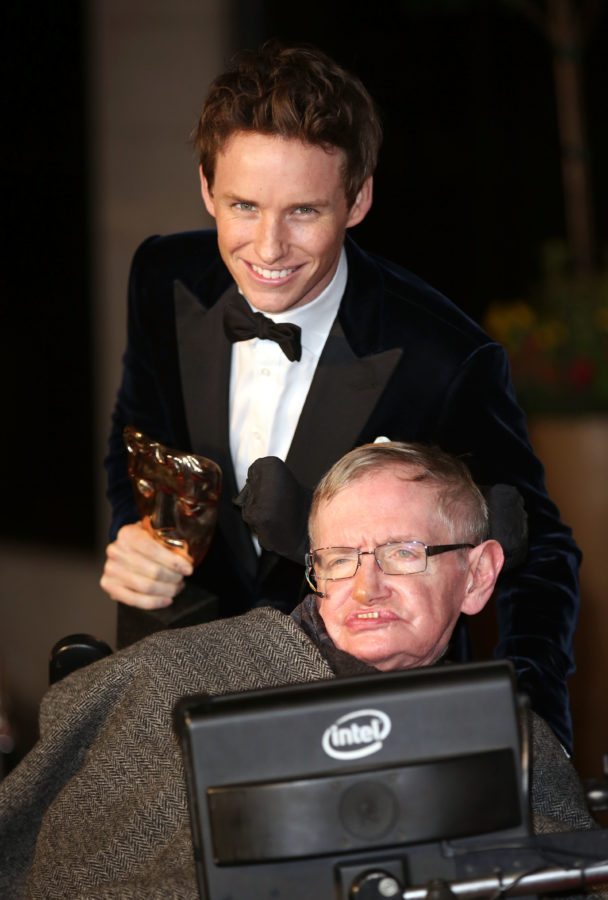 LONDON, ENGLAND - FEBRUARY 08: Eddie Redmayne and Professor Stephen Hawking attend the after party for the EE British Academy Film Awards at The Grosvenor House Hotel on February 8, 2015 in London, England. (Photo by Tim P. Whitby/Getty Images)