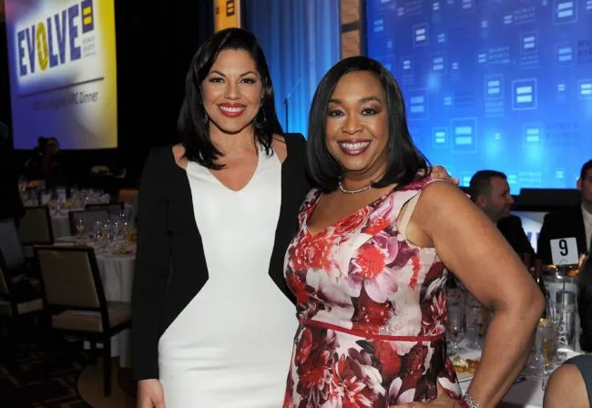 LOS ANGELES, CA - MARCH 14:  Actress Sara Ramirez (L) and Honoree Shonda Rhimes attend the Human Rights Campaign Los Angeles Gala 2015  at JW Marriott Los Angeles at L.A. LIVE on March 14, 2015 in Los Angeles, California.  (Photo by Angela Weiss/Getty Images)