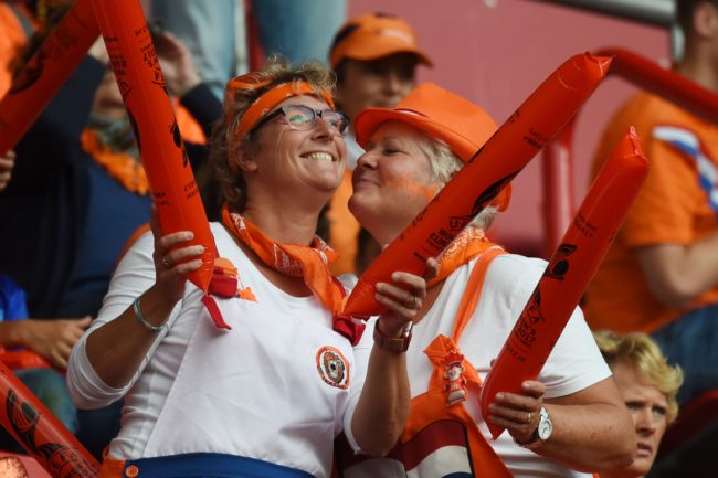 Netherlands' supporters react prior to the UEFA Womens Euro 2017 football tournament semi-final match between Netherlands and England at the FC Twente Stadium, in Enschede on August 3, 2017. / AFP PHOTO / Daniel MIHAILESCU (Photo credit should read DANIEL MIHAILESCU/AFP/Getty Images)