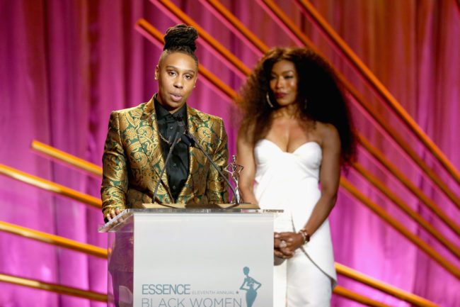 BEVERLY HILLS, CA - MARCH 01: Honoree Lena Waithe (L) and Presenter Angela Bassett speak onstage during the 2018 Essence Black Women In Hollywood Oscars Luncheon at Regent Beverly Wilshire Hotel on March 1, 2018 in Beverly Hills, California. (Photo by Rich Polk/Getty Images for Essence)