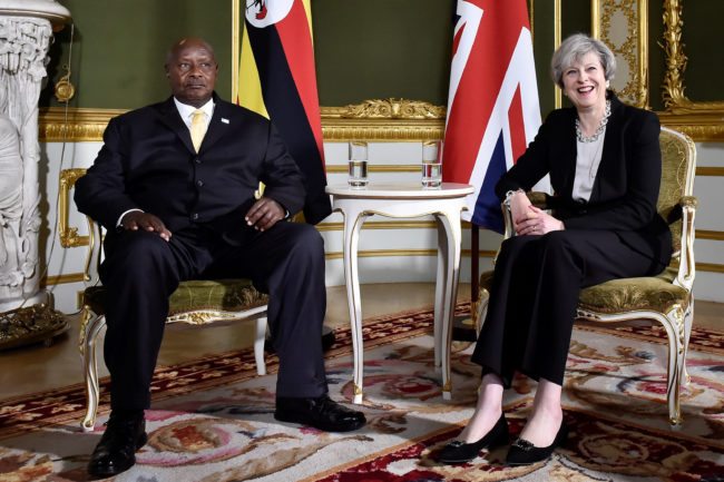 LONDON, UNITED KINGDOM - MAY 11: Prime Minister Theresa May meets President Yoweri Museveni of Uganda during the London Conference on Somalia at Lancaster House on May 11, 2017 in London, England. (Photo by Hannah McKay - WPA Pool/Getty Images)