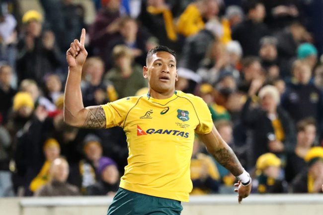 CANBERRA, AUSTRALIA - SEPTEMBER 16: Israel Folau of the Wallabies celebrates after scoring a try during The Rugby Championship match between the Australian Wallabies and the Argentina Pumas at Canberra Stadium on September 16, 2017 in Canberra, Australia. (Photo by Scott Barbour/Getty Images)