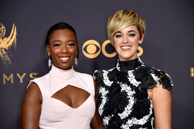 Actor Samira Wiley and Lauren Morelli attend the 69th Annual Primetime Emmy Awards at Microsoft Theater on September 17, 2017 in Los Angeles, California. 