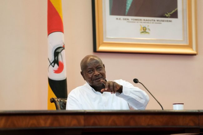 Ugandan President Yoweri Museveni reacts during a press conference with his Rwandan counterpart at the State House in Entebbbe, Uganda, on March 25, 2018. / AFP PHOTO / Michele Sibiloni (Photo credit should read MICHELE SIBILONI/AFP/Getty Images)