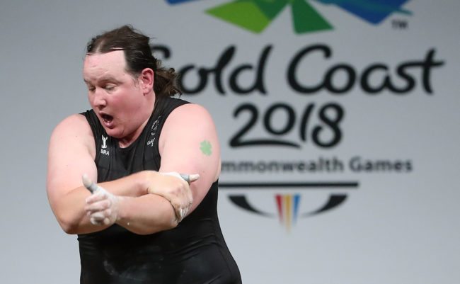 GOLD COAST, AUSTRALIA - APRIL 09: Laurel Hubbard of New Zealand reacts as she drops the bar and injures herself in the Women's +90kg Final during the Weightlifting on day five of the Gold Coast 2018 Commonwealth Games at Carrara Sports and Leisure Centre on April 9, 2018 on the Gold Coast, Australia. (Photo by Scott Barbour/Getty Images)
