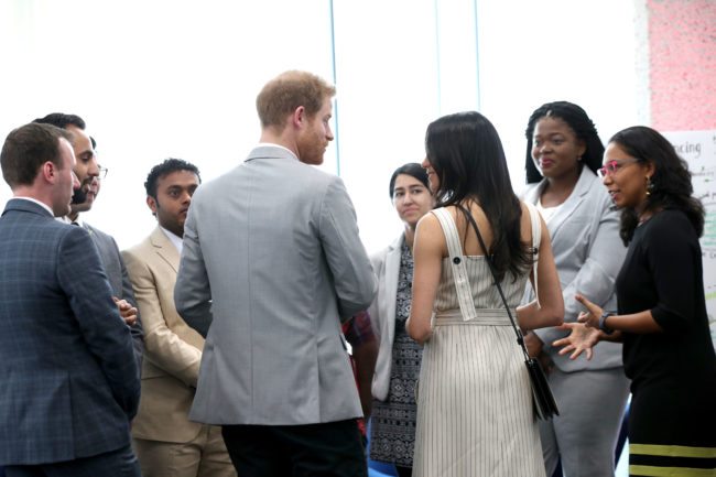 LONDON, UNITED KINGDOM - APRIL 18: Prince Harry and Meghan Markle speak with delegates from the Commonwealth Youth Forum at the Queen Elizabeth II Conference Centre, during the Commonwealth Heads of Government Meeting on April 18, 2018 in London, United Kingdom (Photo by Yui Mok - WPA Pool/Getty Images)