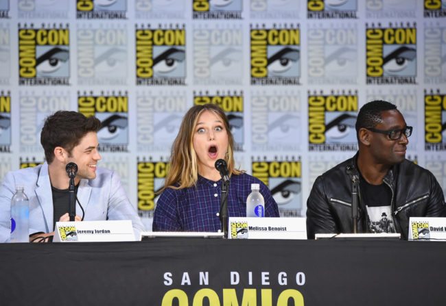 SAN DIEGO, CA - JULY 22: Jeremy Jordan, Melissa Benoist, and David Harewood attends the "Supergirl" special video presentation during Comic-Con International 2017 at San Diego Convention Center on July 22, 2017 in San Diego, California. (Photo by Mike Coppola/Getty Images)