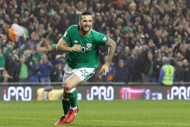 Republic of Ireland's defender Shane Duffy celebrates after scoring the opening goal of the FIFA World Cup 2018 qualifying football match, second leg, between Republic of Ireland and Denmark at Aviva Stadium in Dublin on November 14, 2017. / AFP PHOTO / Paul FAITH (Photo credit should read PAUL FAITH/AFP/Getty Images)