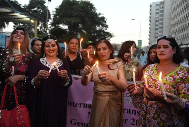 Pakistani transgender activists take part in a demonstration in Karachi on November 20, 2017. The event was held to mark World Transgender Day. / AFP PHOTO / ASIF HASSAN (Photo credit should read ASIF HASSAN/AFP/Getty Images)