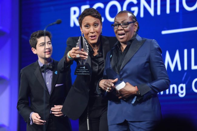 NEW YORK, NY - MAY 05:  (L-R) Joshua Rush, and Robin Roberts present Gloria Carter with a Special Recognition Award onstage during the 29th Annual GLAAD Media Awards at The Hilton Midtown on May 5, 2018 in New York City.  (Photo by J. Merritt/Getty Images for GLAAD)