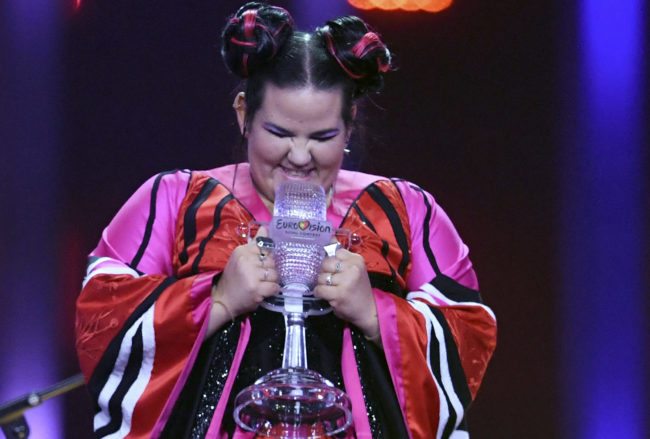 Israel's singer Netta Barzilai aka Netta celebrates with the trophy after winning the final of the 63rd edition of the Eurovision Song Contest 2018 at the Altice Arena in Lisbon, on May 12, 2018. (Photo by Francisco LEONG / AFP)        (Photo credit should read FRANCISCO LEONG/AFP/Getty Images)