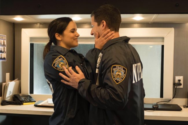 BROOKLYN NINE-NINE: L-R: Melissa Fumero and Andy Samberg in the first part of the one-hour Fall Finale episode of BROOKLYN NINE-NINE, “The Fugitive Part 1,” airing on a special night, Sunday, Jan. 1 (8:30-9:00 PM ET/PT) on FOX. CR: John P Fleenor/FOX
