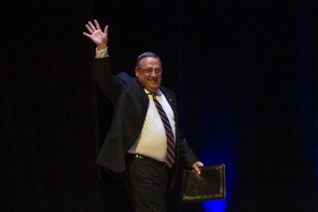 PORTLAND, ME - AUGUST 04: Maine Governor Paul LePage, (R), greets the crowd before Republican Presidential candidate Donald Trump speaks at the Merrill Auditorium on August 4, 2016 in Portland, Maine. (Photo by Sarah Rice/Getty Images)