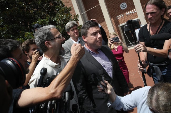 CHARLOTTESVILLE, VA - AUGUST 13:  Counter protesters confront Jason Kessler, an organizer of "Unite the Right" rally, after Kessler tried to speak outside the Charlottesville City Hall on August 13, 2017 in Charlottesville, Virginia. The city of Charlottesville remains on edge following violence at a 'Unite the Right' rally held by white nationalists, neo-Nazis and members of the 'alt-right'  (Photo by Win McNamee/Getty Images)