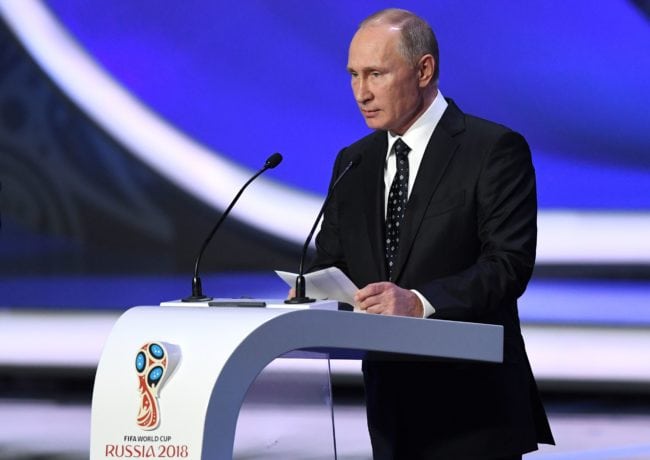 Russian President Vladimir Putin delivers a speech ahead of the 2018 FIFA World Cup football tournament (KIRILL KUDRYAVTSEV/AFP/Getty)