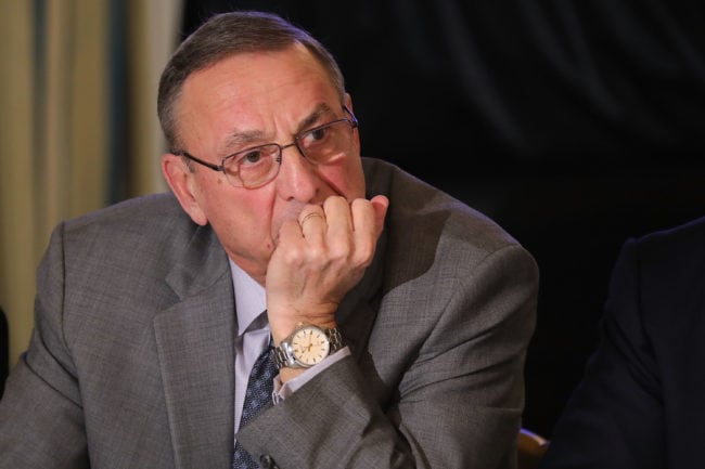 WASHINGTON, DC - FEBRUARY 12: Maine Governor Paul LePage listens to U.S. President Donald Trump during meeting with state and local officials to unveil the Trump administration's long-awaited infrastructure plan in the State Dining Room at the White House February 12, 2018 in Washington, DC. The $1.5 trillion plan to repair and rebuild the nation's crumbling highways, bridges, railroads, airports, seaports and water systems is funded with $200 million in federal money with the remaining 80 percent coming from state and local governments. (Photo by Chip Somodevilla/Getty Images)