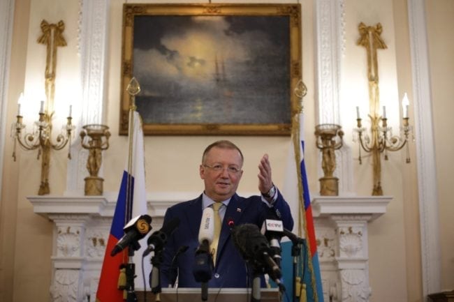 Russian Ambassador Alexander Yakovenko addresses journalists at a news conference in central London on April 20, 2018. (Photo by Daniel LEAL-OLIVAS / AFP) (Photo credit should read DANIEL LEAL-OLIVAS/AFP/Getty Images)