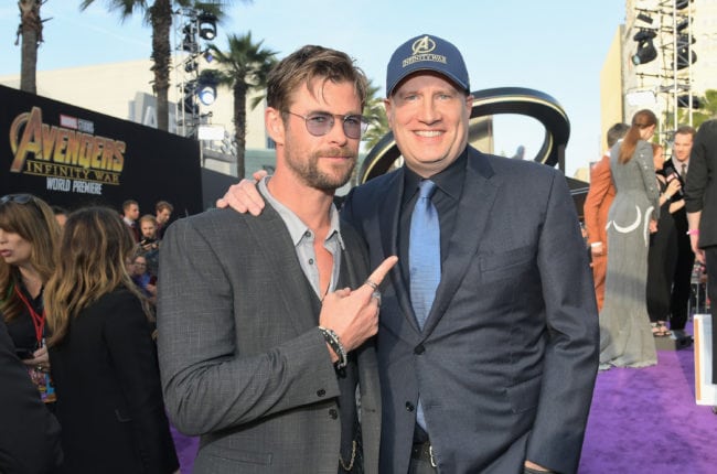 HOLLYWOOD, CA - APRIL 23:  Actor Chris Hemsworth (L) and President of Marvel Studios and Producer Kevin Feige attend the Los Angeles Global Premiere for Marvel Studios? Avengers: Infinity War on April 23, 2018 in Hollywood, California.  (Photo by Charley Gallay/Getty Images for Disney)