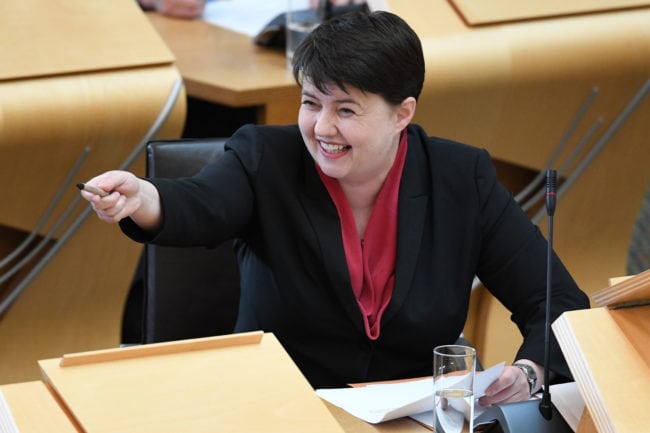 EDINBURGH, SCOTLAND - MAY 31: Leader of the Scottish Conservatives Ruth Davidson reacts during first minister's questions in the Scottish Parliament on March 31, 2018 in Edinburgh, Scotland. (Photo by Jeff J Mitchell/Getty Images)