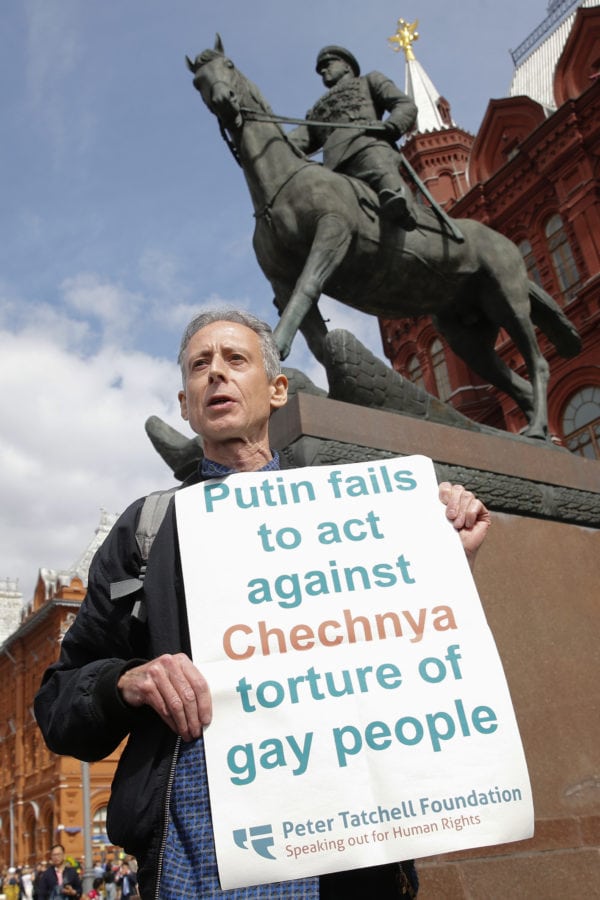 British gay rights activist Peter Tatchell stages an anti-Putin protest against the mistreatment of LGBT people in Russia (MAXIM ZMEYEV/AFP/Getty)