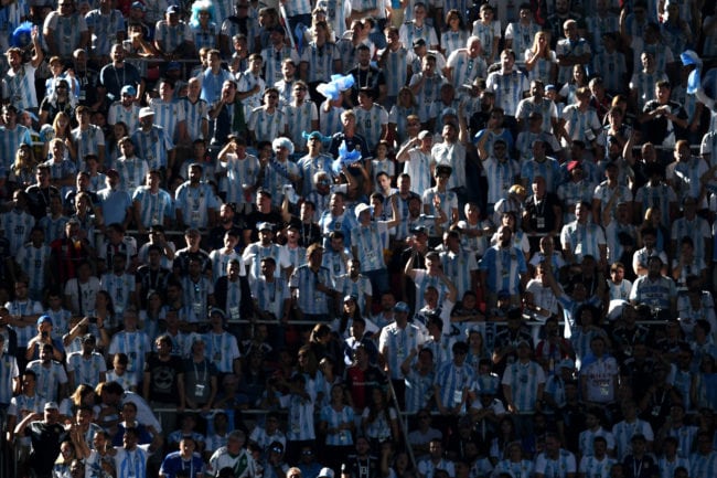 MOSCOW, RUSSIA - JUNE 16:  Argentina fans show their support during the 2018 FIFA World Cup Russia group D match between Argentina and Iceland at Spartak Stadium on June 16, 2018 in Moscow, Russia.  (Photo by Matthias Hangst/Getty Images)