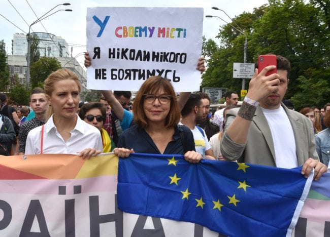 Member of the European Parliament Rebecca Harms takes part in the Pride march in central Kyiv last month (GENYA SAVILOV/AFP/Getty)