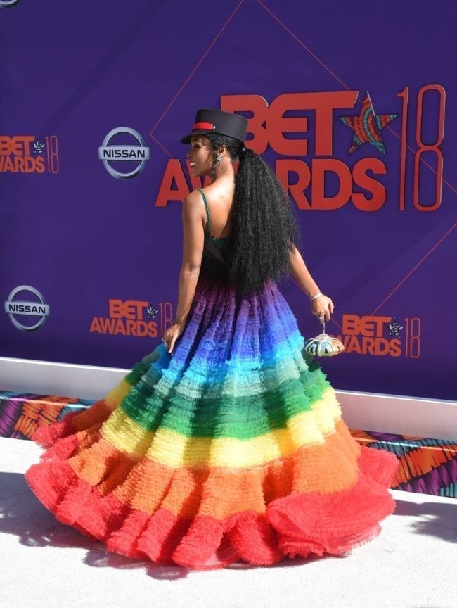US singer-songwriter Janelle Monae poses upon arrival for the BET Awards at Microsoft Theatre in Los Angeles, California, on June 24, 2018. (Photo by Lisa O'CONNOR / AFP)        (Photo credit should read LISA O'CONNOR/AFP/Getty Images)