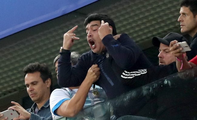 SAINT PETERSBURG, RUSSIA - JUNE 26:  Diego Armando Maradona reacts following the 2018 FIFA World Cup Russia group D match between Nigeria and Argentina at Saint Petersburg Stadium on June 26, 2018 in Saint Petersburg, Russia.  (Photo by Alex Morton/Getty Images)