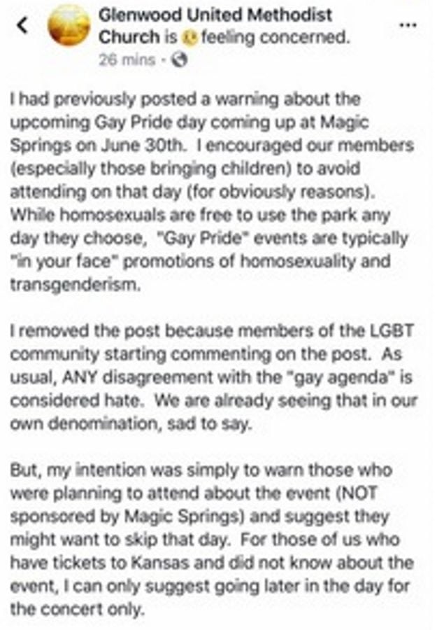 The church sought to clarify its position on "homosexuals" (Glenwood United Methodist Church/facebook)