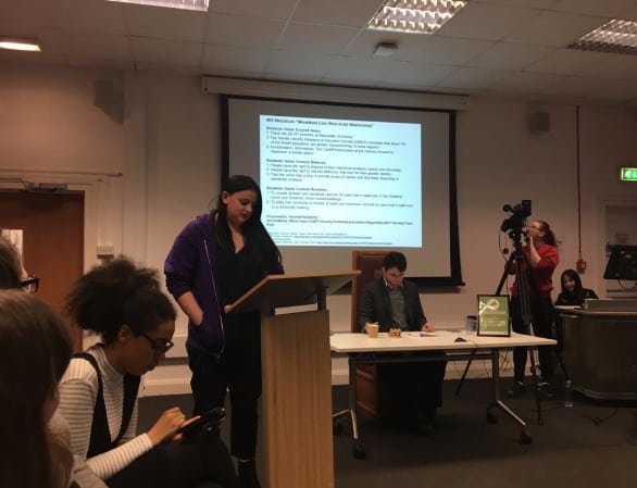 NUSU LGBT Officer Hannah Fitzpatrick introducing the motion (NUSU/Twitter)