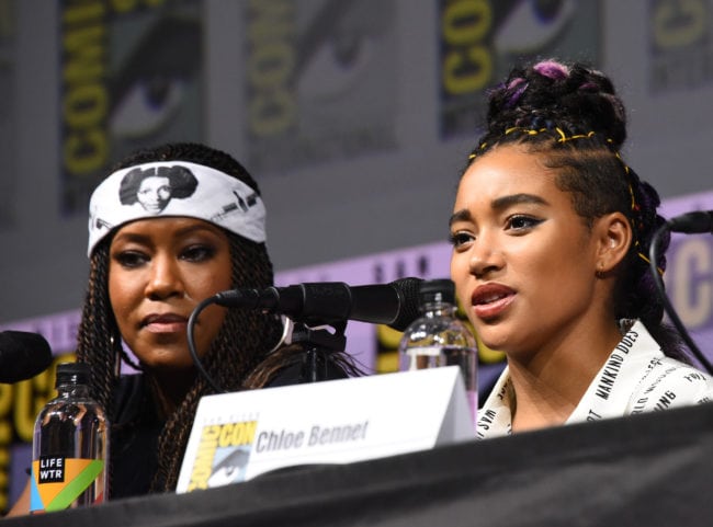 SAN DIEGO, CA - JULY 21: Regina King (L) and Amandla Stenberg attend the "Entertainment Weekly Women Who Kick Ass" panel during Comic-Con International 2018 at San Diego Convention Center on July 21, 2018 in San Diego, California. (Photo by Araya Diaz/Getty Images for Entertainment Weekly)