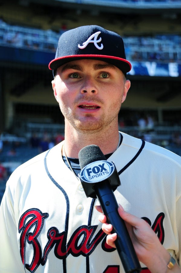 ATLANTA, GA - JULY 29: Sean Newcomb #15 of the Atlanta Braves is interviewed after the game against the Los Angeles Dodgers at SunTrust Park on July 29, 2018 in Atlanta, Georgia. (Photo by Scott Cunningham/Getty Images)