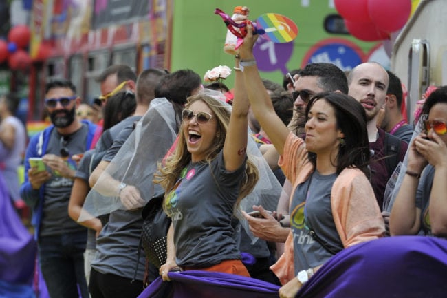 DUBLIN, IRELAND - JUNE 27:  People take part in the annual Gay Pride Parade on June 27, 2015 in Dublin, Ireland.  Gay marriage was declared legal across the US in a historic supreme court ruling. Same-sex marriages are now legal across the entirety of the United States. (Photo by Clodagh Kilcoyne/Getty Images)