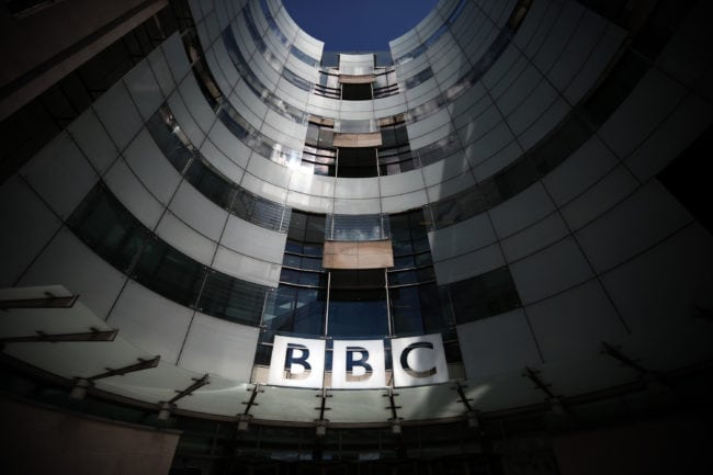 LONDON, ENGLAND - JULY 25: The logo for the Broadcasting House, the headquarters of the BBC is displayed outside on July 25, 2015 in London, England. The main Art Deco-style building of the British Broadcasting Corporation was officially opened on 15 May 1932 and has since seen extensive refurbishment with an extension to the main building completed in 2005. 
