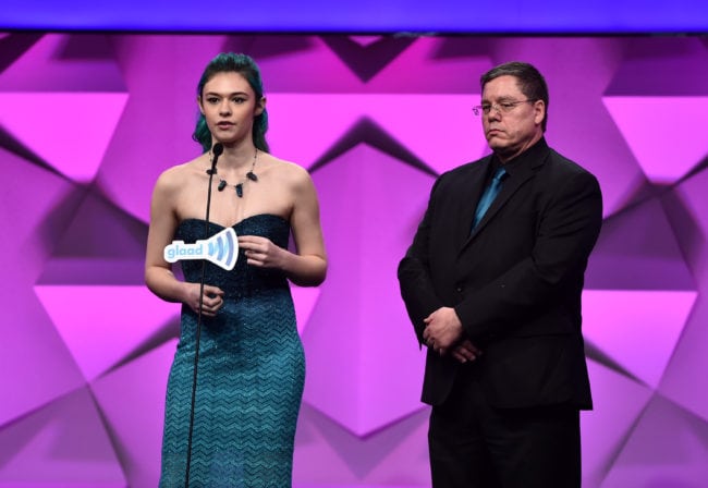 BEVERLY HILLS, CALIFORNIA - APRIL 02:  Nicole Maines (L) and Wayne Maines speak onstage during the 27th Annual GLAAD Media Awards at the Beverly Hilton Hotel on April 2, 2016 in Beverly Hills, California.  (Photo by Alberto E. Rodriguez/Getty Images for GLAAD)