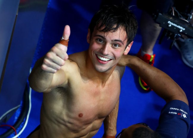 BUDAPEST, HUNGARY - JULY 22:  Tom Daley of Great Britain celebrates after he wins the gold medal during the Men's 10M Platform final on day nine of the Budapest 2017 FINA World Championships on July 22, 2017 in Budapest, Hungary.  (Photo by Clive Rose/Getty Images)