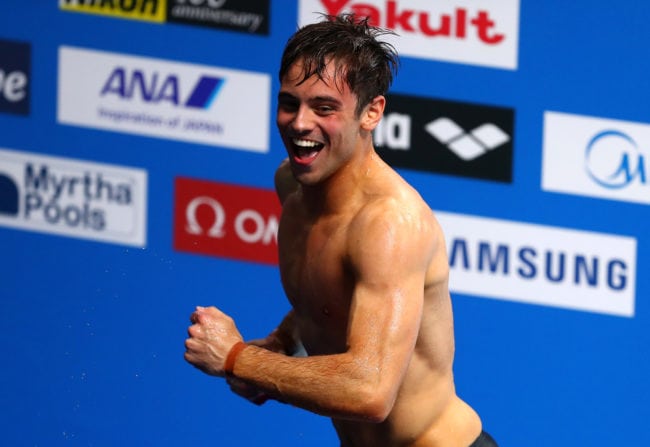 BUDAPEST, HUNGARY - JULY 22:  Tom Daley of Great Britain celebrates after he wins the gold medal during the Men's 10M Platform final on day nine of the Budapest 2017 FINA World Championships on July 22, 2017 in Budapest, Hungary.  (Photo by Clive Rose/Getty Images)