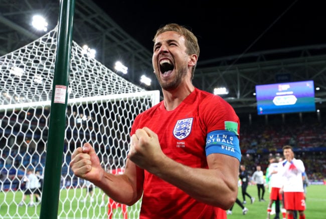 MOSCOW, RUSSIA - JULY 03:  Harry Kane of England celebrates victory following the 2018 FIFA World Cup Russia Round of 16 match between Colombia and England at Spartak Stadium on July 3, 2018 in Moscow, Russia.  (Photo by Ryan Pierse/Getty Images)