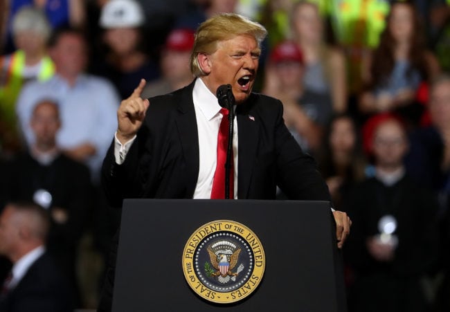 GREAT FALLS, MT - JULY 05:  U.S. president Donald Trump speaks during a campaign rally at Four Seasons Arena on July 5, 2018 in Great Falls, Montana. President Trump held a campaign style 'Make America Great Again' rally in Great Falls, Montana with thousands in attendance.  (Photo by Justin Sullivan/Getty Images)