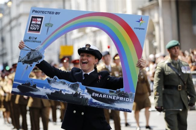 Members of the defence forces join supporters and members of the Lesbian, Gay, Bisexual and Transgender community taking part in the annual Pride Parade in London on July 7, 2018.