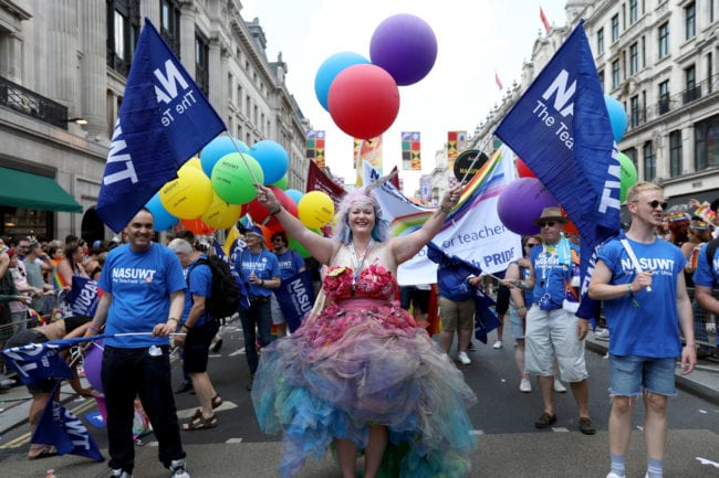 LONDON, ENGLAND - JULY 07:  Parade goers during Pride In London on July 7, 2018 in London, England. It is estimated over 1 million people will take to the streets and approximately 30,000 people and 472 organisations will join the annual parade, which is one of the world's biggest LGBT+ celebrations.  
