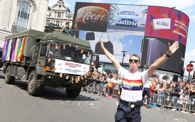 LONDON, ENGLAND - JULY 07:  Members of the Armed Forces march along Regents Street during Pride In London on July 7, 2018 in London, England. It is estimated over 1 million people will take to the streets and approximately 30,000 people and 472 organisations will join the annual parade, which is one of the world's biggest LGBT+ celebrations.  