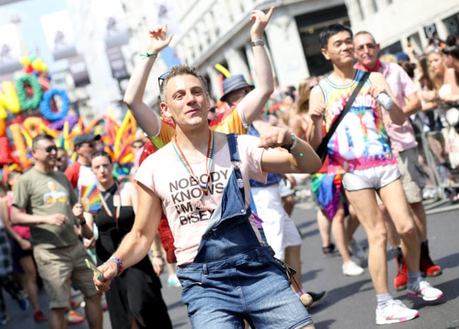 LONDON, ENGLAND - JULY 07: Parade goers in Trafalgar Square during Pride In London on July 7, 2018 in London, England. It is estimated over 1 million people will take to the streets and approximately 30,000 people and 472 organisations will join the annual parade, which is one of the world's biggest LGBT+ celebrations. 