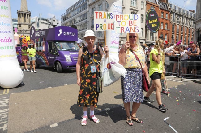 LONDON, ENGLAND - JULY 07: Barefoot Wine are the official wine sponsor of Pride In London and have been a proud ally of the LGBTQ community since 1988. They celebrated in this years parade with 6 dancing wine bottles matching the 6 different colours of the pride rainbow on July 7, 2018 in London, England. 