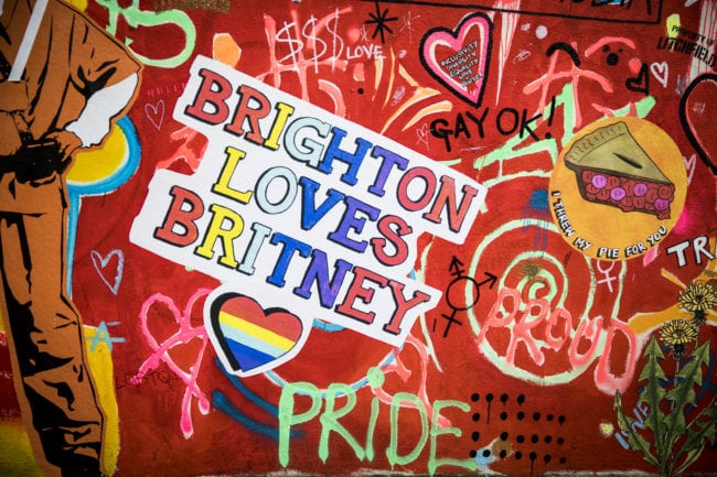 BRIGHTON, ENGLAND - AUGUST 04: Brighton Pride graffiti on a wall during Brighton Pride 2018 on August 4, 2018 in Brighton, England. (Photo by Tristan Fewings/Getty Images)