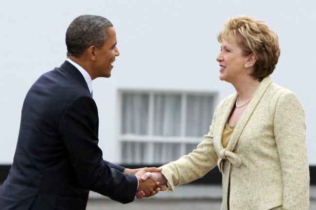 DUBLIN, IRELAND - MAY 23: U.S. President Barack Obama and Irish President Mary McAleese shake hands at Aras an Uachtarain, the official residence of the President of Ireland, May 23, 2011 in Dublin, Ireland.  Obama is visiting Ireland for one day. He will meet with distant relatives in Moneygall and speak at a rally in central Dublin after a concert.  (Photo by Irish Government - Pool /Getty Images)