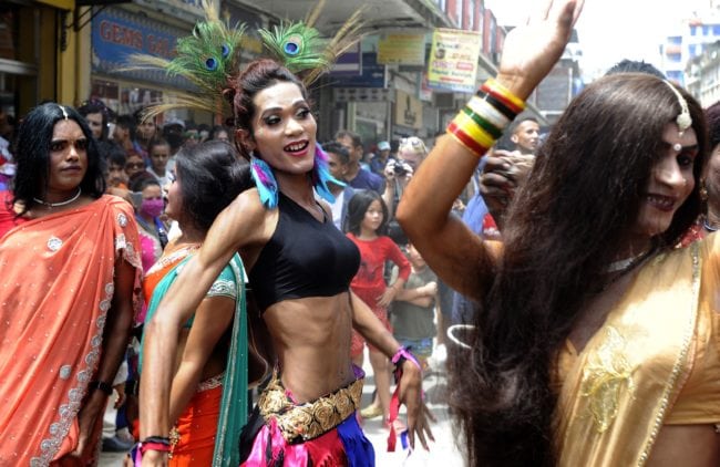 Participant take part in Nepal's Gay Pride parade in Kathmandu on August 19, 2016 Scores of gays, lesbians, transvestites and transsexuals from across the country took part in the rally to spread their campaign for sexual rights in the country. / AFP / PRAKASH MATHEMA (Photo credit should read PRAKASH MATHEMA/AFP/Getty Images)