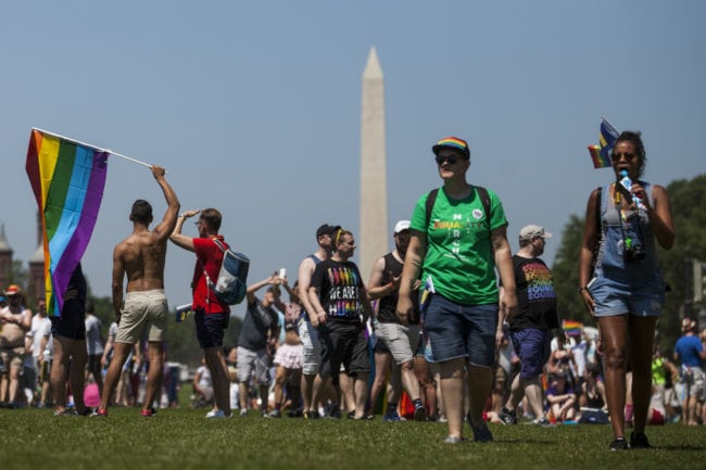WASHINGTON, DC - JUNE 11:  Demonstrators gather on the National Mall during the Equality March for Unity and Peace on June 11, 2017 in Washington, D.C. Thousands around the country participated in marches for the LGBTQ communities, the central march taking place in Washington.  (Photo by Zach Gibson/Getty Images)